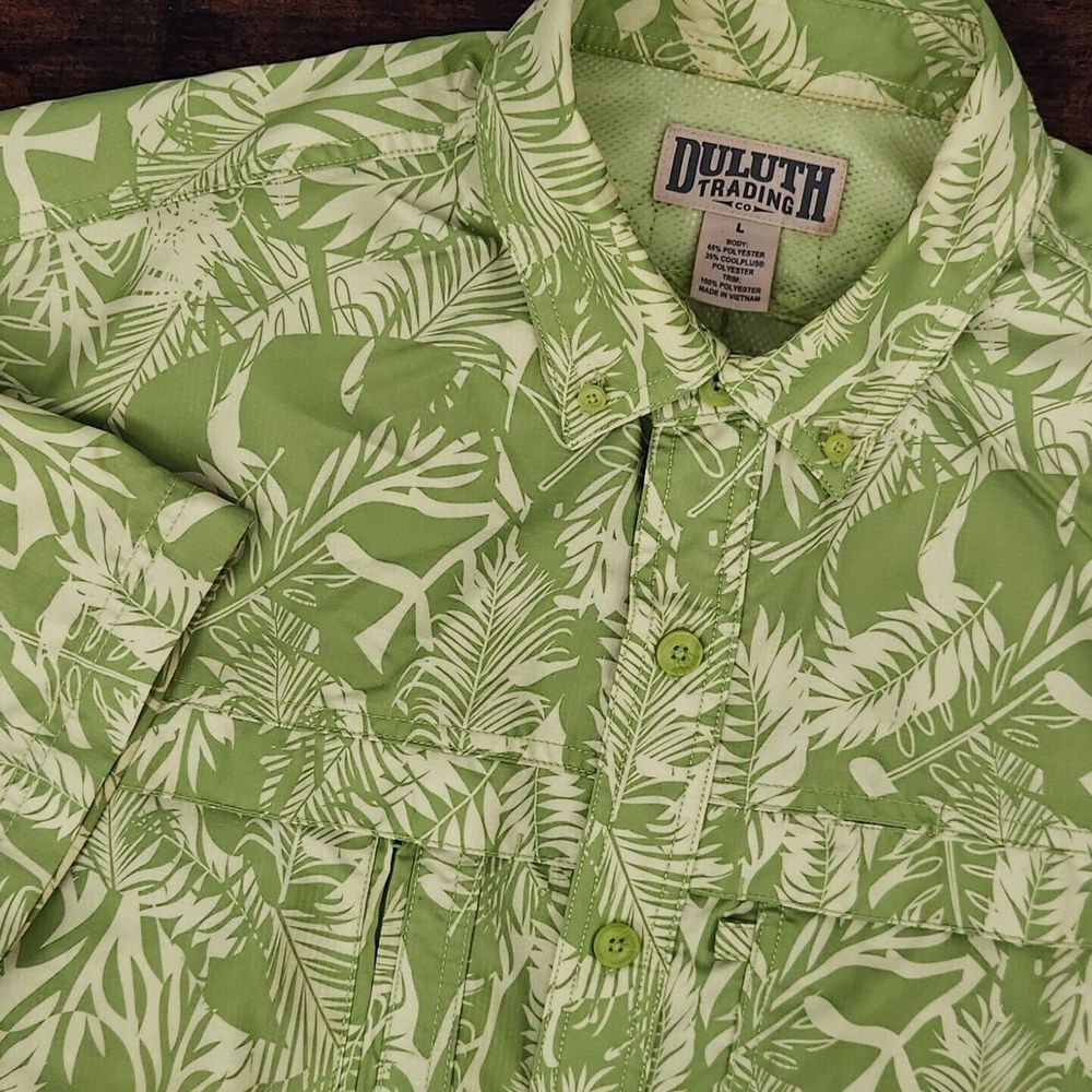 Duluth Trading Button Shirt Men's Large Lime Green Hawaiian Short‎ Sleeve Camp